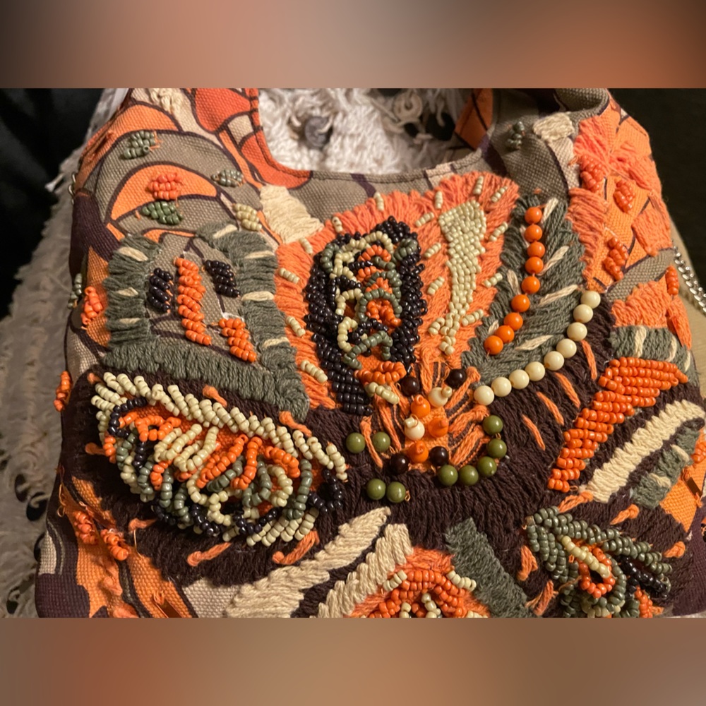 NWT Zara multicolor sequin beaded Orange and Brown Floral Shoulder Bag - Picture 7 of 11